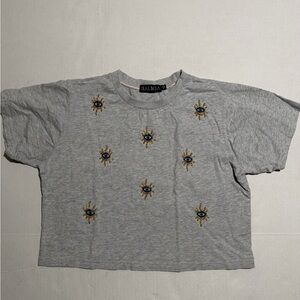 balboa brand grey crop top tee, beaded eyes, women's large t-shirt #1335